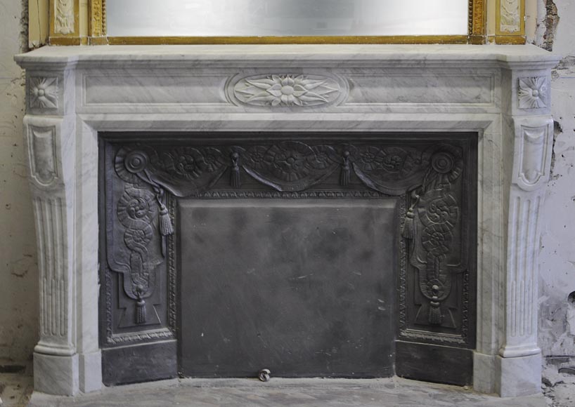 Large Louis XVI style fireplace in white Carrara marble with its cast iron insert and its overmantel mirror-1