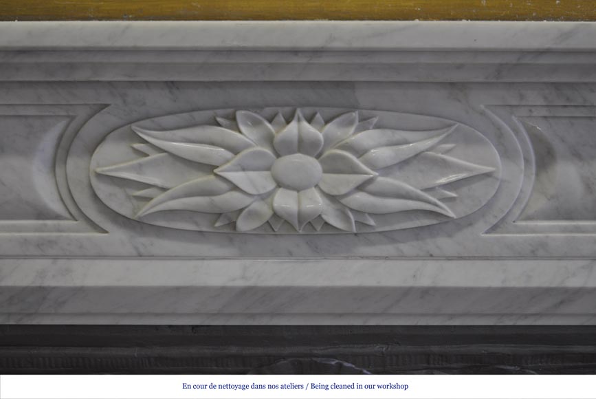 Large Louis XVI style fireplace in white Carrara marble with its cast iron insert and its overmantel mirror-2