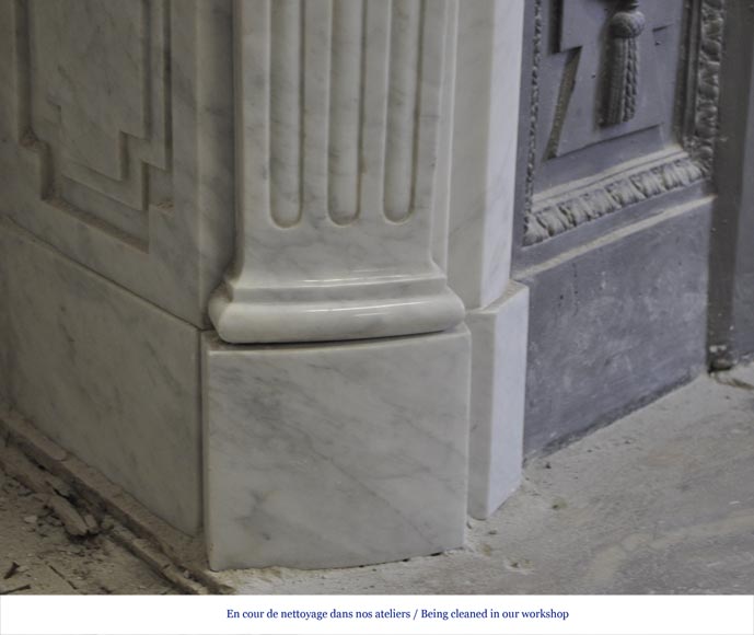 Large Louis XVI style fireplace in white Carrara marble with its cast iron insert and its overmantel mirror-5