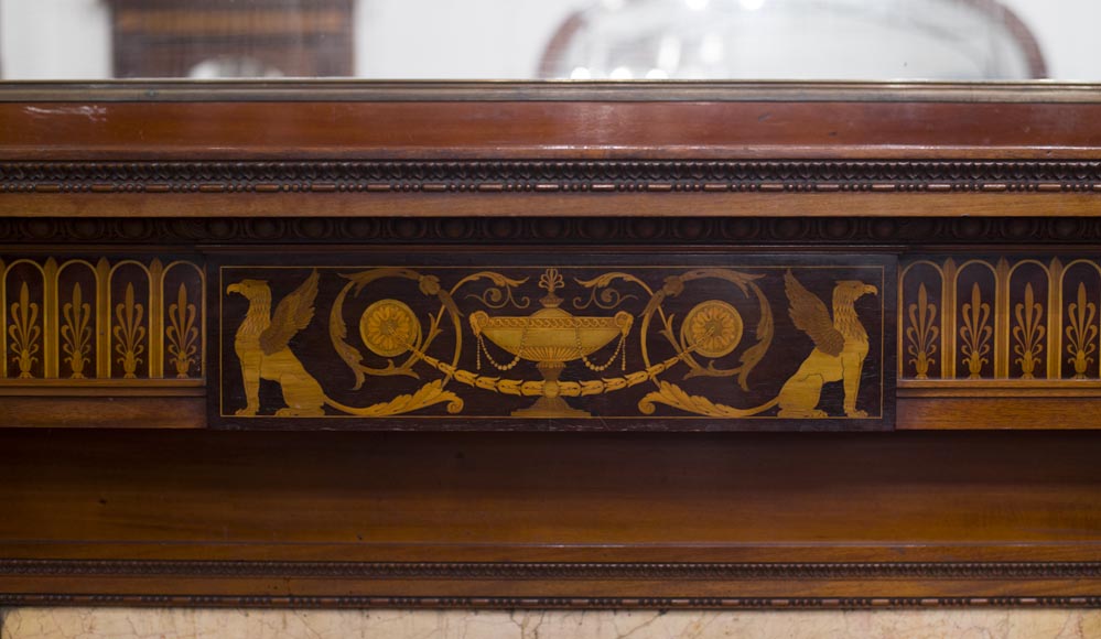 Exceptional antique Regency style complete paneled room in mahogany marquetry with fireplace, France 19th century-2