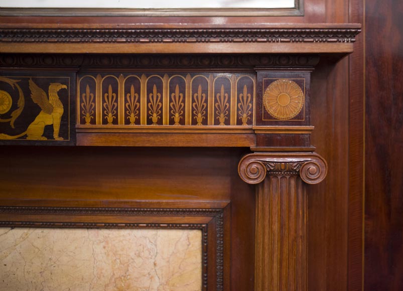 Exceptional antique Regency style complete paneled room in mahogany marquetry with fireplace, France 19th century-6