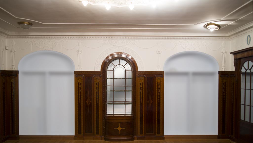 Exceptional antique Regency style complete paneled room in mahogany marquetry with fireplace, France 19th century-7