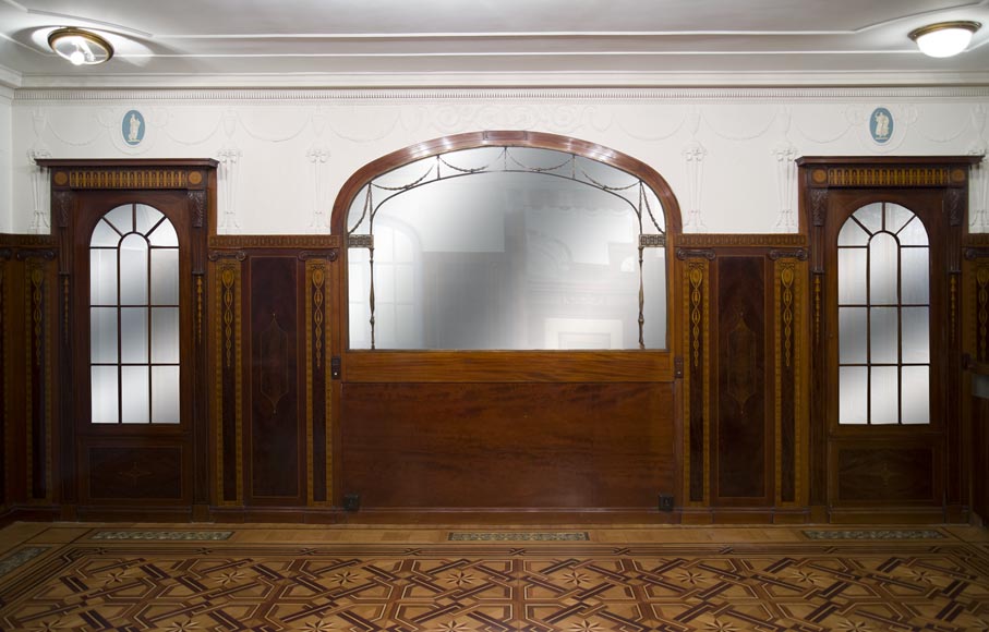 Exceptional antique Regency style complete paneled room in mahogany marquetry with fireplace, France 19th century-14