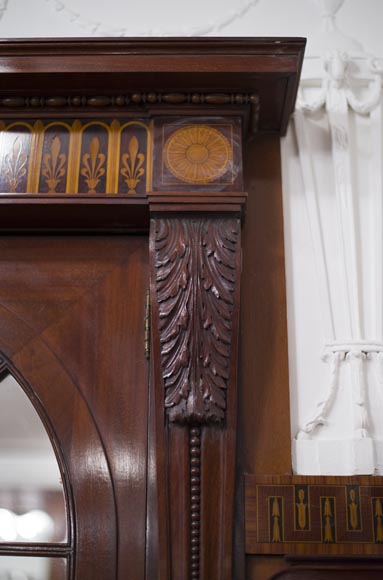 Exceptional antique Regency style complete paneled room in mahogany marquetry with fireplace, France 19th century-15