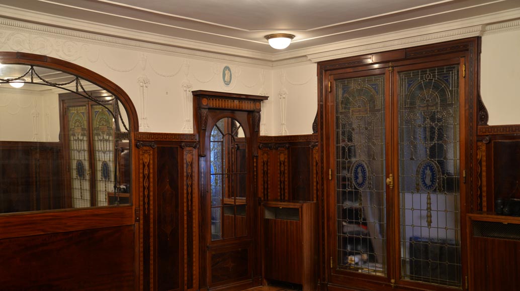 Exceptional antique Regency style complete paneled room in mahogany marquetry with fireplace, France 19th century-19