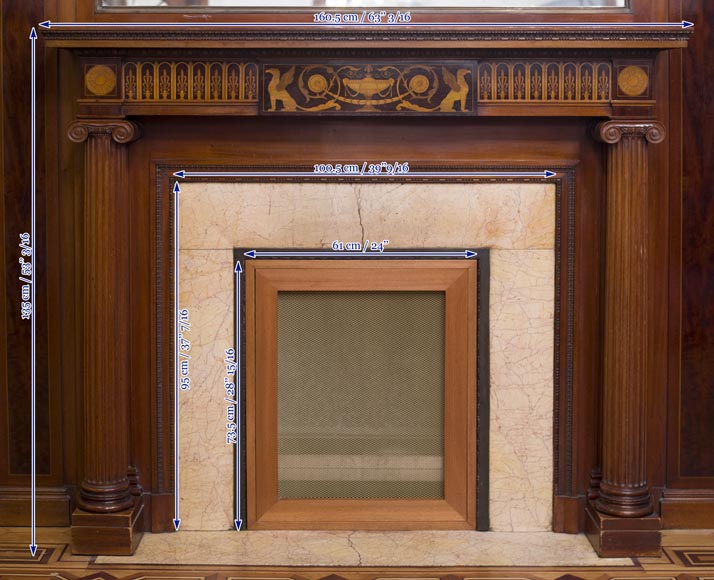 Exceptional antique Regency style complete paneled room in mahogany marquetry with fireplace, France 19th century-27