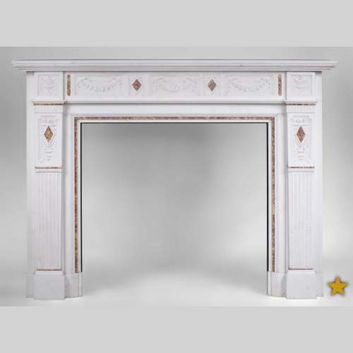 Very beautiful Victorian style antique fireplace in Carrara Statuary marble and Violet Brocatelle marble, from late 19th century, with flutings, garlands and diamonds.