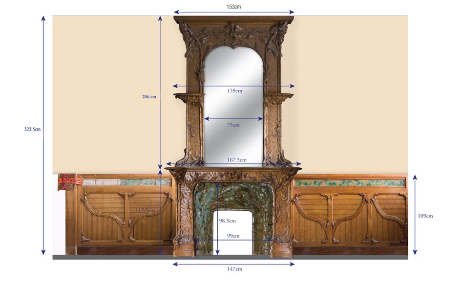 Exceptional antique Art Nouveau paneled room with its fireplace, made out of carved walnut, burr, pinewood and ceramic decor-2