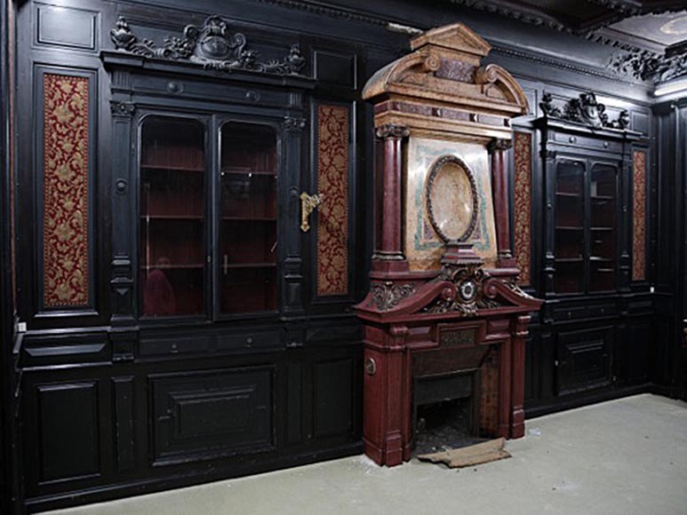 Rare Napoleon III paneled room in blackened wood with its monumental fireplace in stucco in imitation of porphyry-0