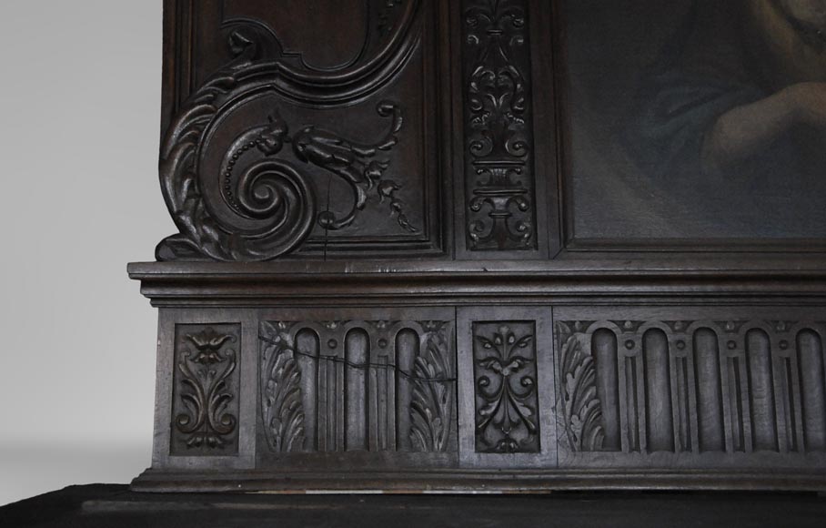 Antique Neo-Renaissance fireplace in oak with a portrait of woman-10