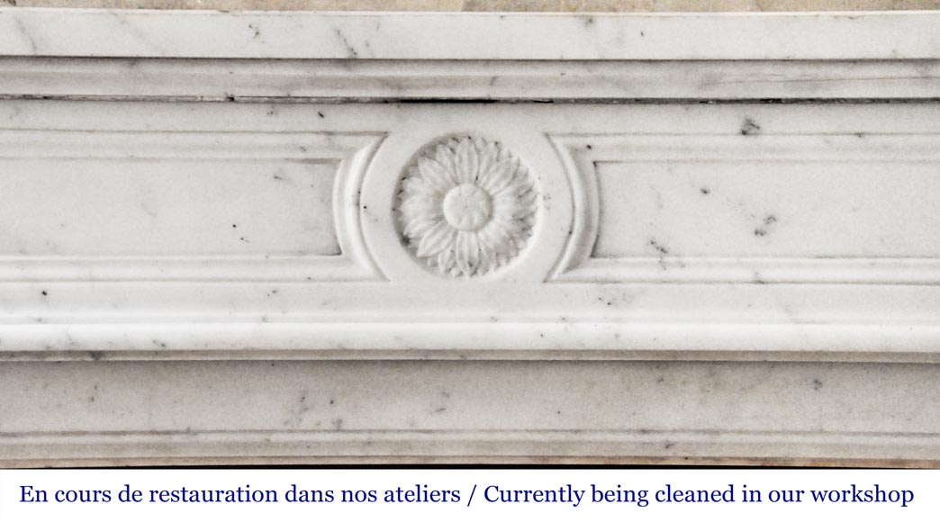 Louis XVI style fireplace in semi-statuary Carrara marble, decorated with a sunflower Louis XVI style fireplace in semi-statuary Carrara marble, decorated with a sunflower-1