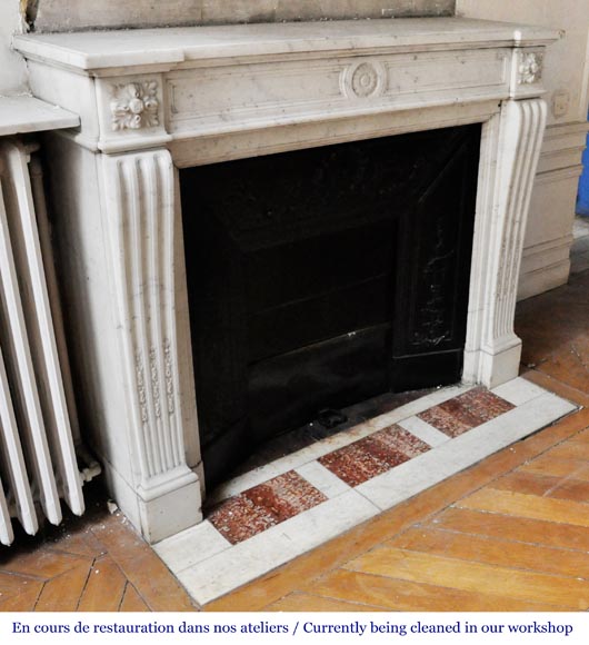 Louis XVI style fireplace in semi-statuary Carrara marble, decorated with a sunflower Louis XVI style fireplace in semi-statuary Carrara marble, decorated with a sunflower-2