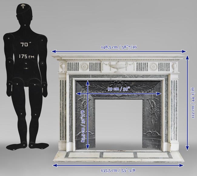 Beautiful Victorian style antique fireplace in Carrara Statuary marble and inlays of Vert d'Estours marble with vases and bowl-12