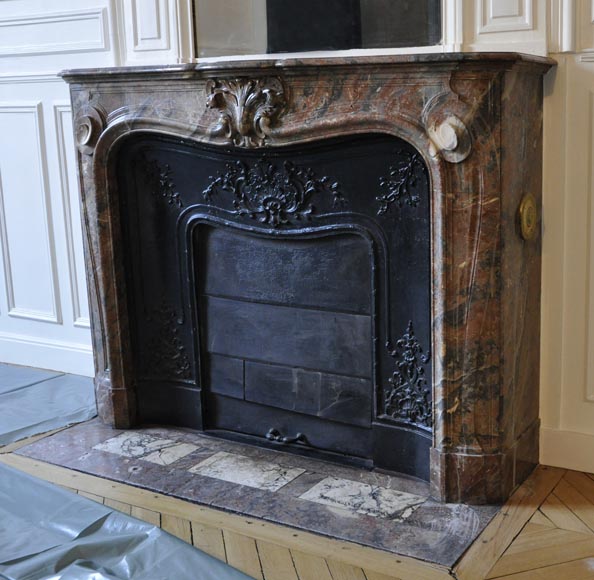 Antique Louis XV style fireplace in Red from the North marble with shell-5