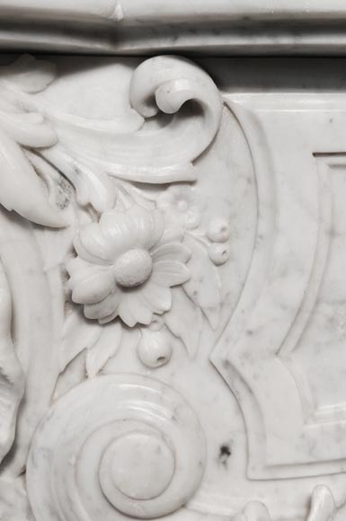 Louis XV style fireplace in Carrara marble, richly decorated with shells and flowers-3