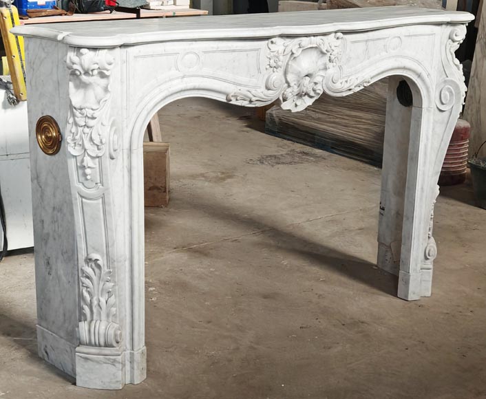 Louis XV style fireplace in Carrara marble, richly decorated with shells and flowers-6