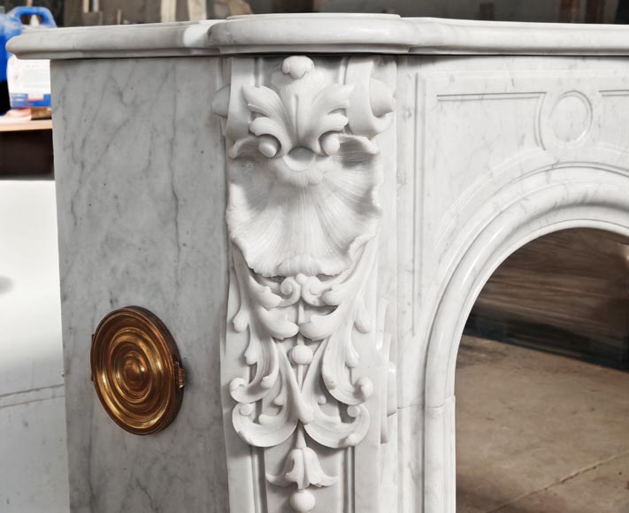 Louis XV style fireplace in Carrara marble, richly decorated with shells and flowers-7