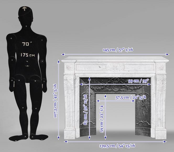 Louis XVI style fireplace in Carrara marble, decorated with acanthus leaves-11