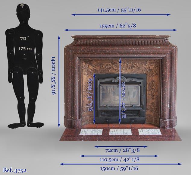 An antique Louis XIV style fireplace, with acroterion and Bollection, made out of Rouge Griotte marble-11