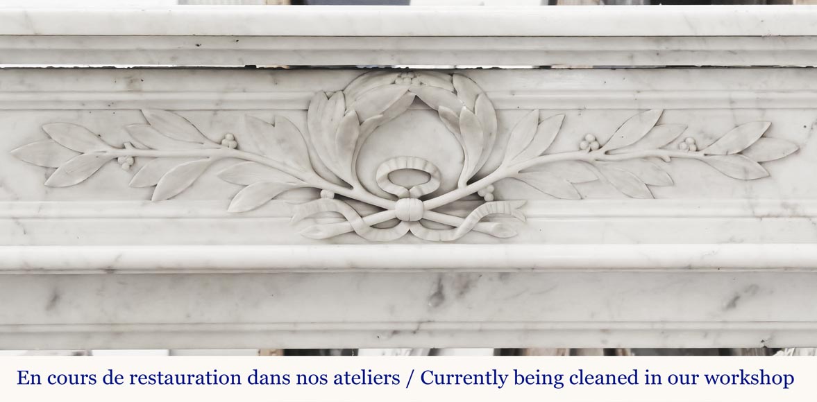 Louis XVI style fireplace decorated with a laurel wreath, in Carrara marble-1