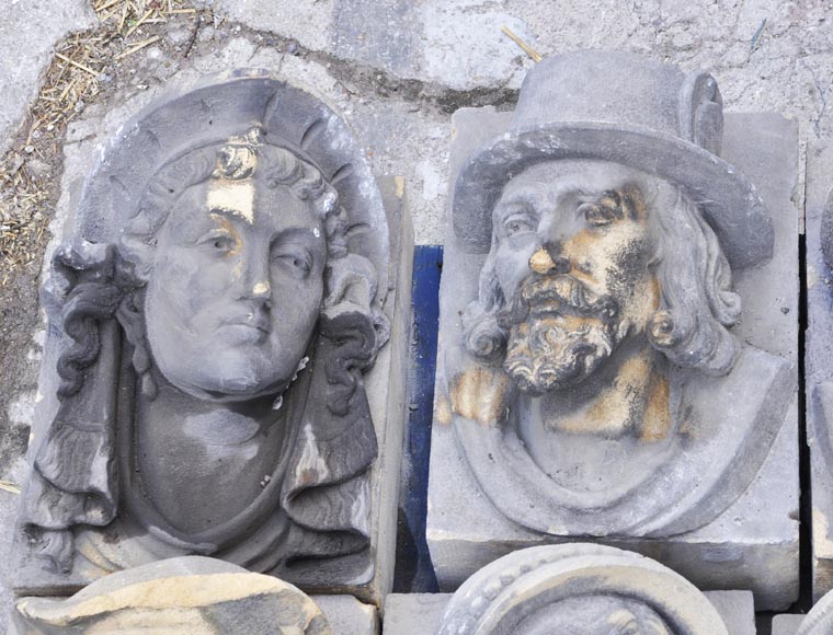 Series of sculpted face and decorative elements in Sun stone of the Ardennes, late 19th century-3