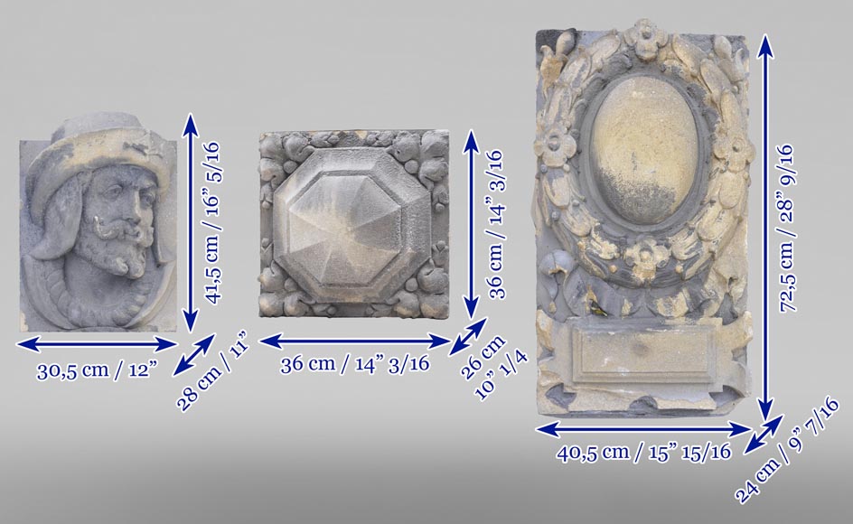 Series of sculpted face and decorative elements in Sun stone of the Ardennes, late 19th century-15