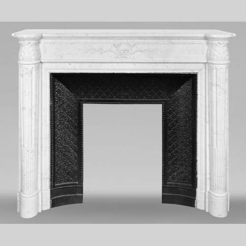Louis XVI style fireplace in Carrara marble, with a half-column and laurel wreath