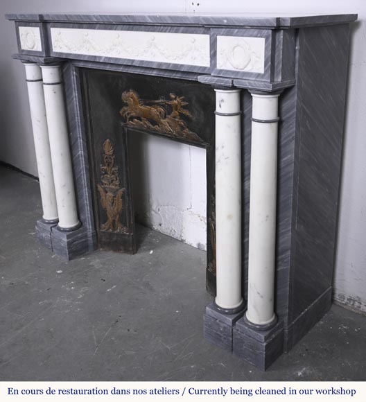  Empire style fireplace in blue Turquin marble with statuary marble columns-8
