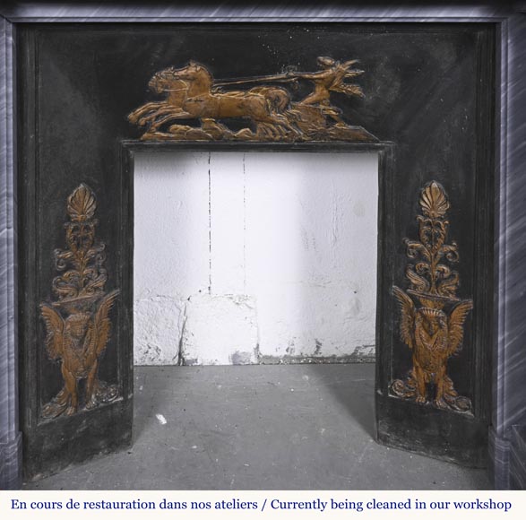  Empire style fireplace in blue Turquin marble with statuary marble columns-11