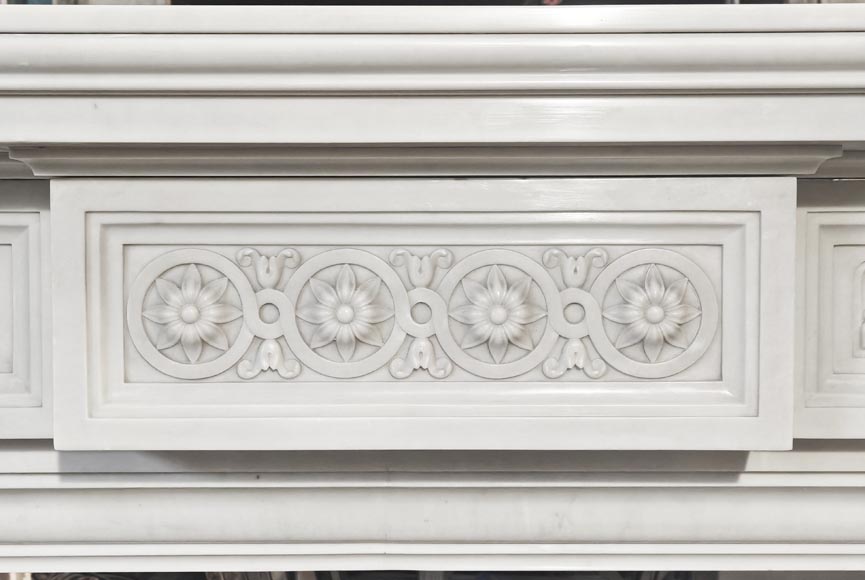 Large Louis XVI style Carrara marble fireplace, featuring fluting and garland ornamentation-1