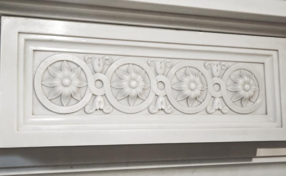 Large Louis XVI style Carrara marble fireplace, featuring fluting and garland ornamentation-2