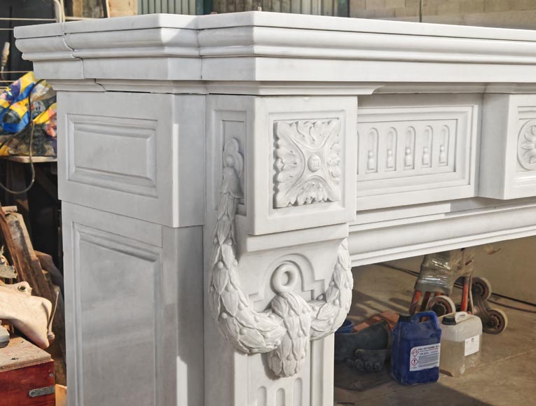 Large Louis XVI style Carrara marble fireplace, featuring fluting and garland ornamentation-4