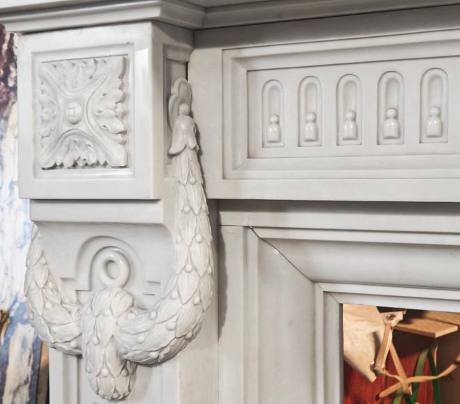 Large Louis XVI style Carrara marble fireplace, featuring fluting and garland ornamentation-5