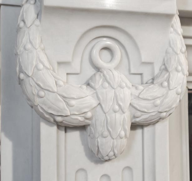 Large Louis XVI style Carrara marble fireplace, featuring fluting and garland ornamentation-6
