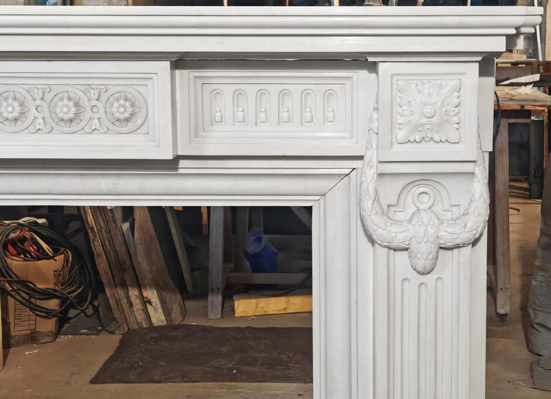 Large Louis XVI style Carrara marble fireplace, featuring fluting and garland ornamentation-9