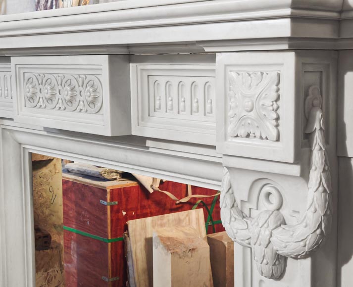 Large Louis XVI style Carrara marble fireplace, featuring fluting and garland ornamentation-10