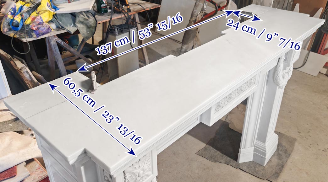Large Louis XVI style Carrara marble fireplace, featuring fluting and garland ornamentation-12
