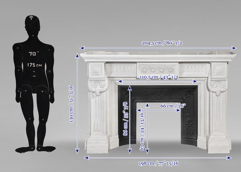 Large Louis XVI style Carrara marble fireplace, featuring fluting and garland ornamentation-13