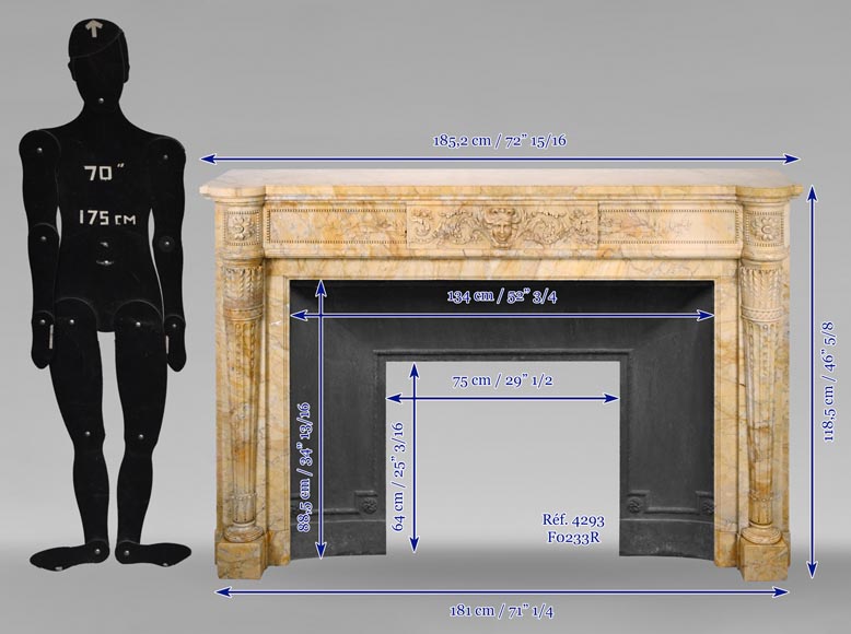 Large Louis XVI style mantel in yellow Sienna marble with entablature adorned with the head of Apollo and arrow heads on the jambs-14