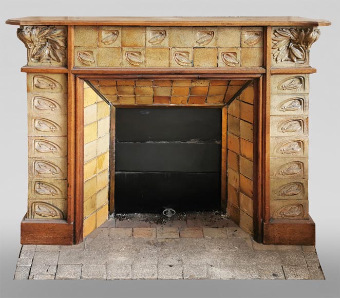 Gentil & Bourdet (attributed to), Antique Art Nouveau oak and stoneware mantel-0