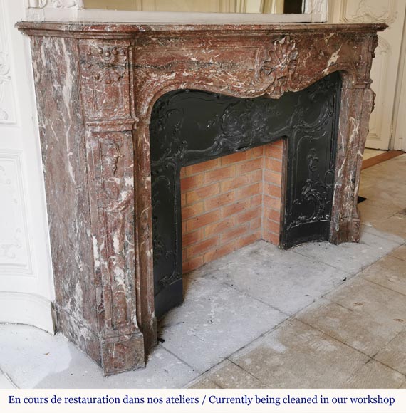 Important Louis XV style fireplace with three shells in Rouge du Nord marble-3