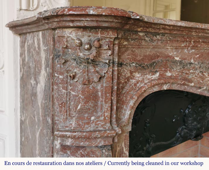 Important Louis XV style fireplace with three shells in Rouge du Nord marble-4