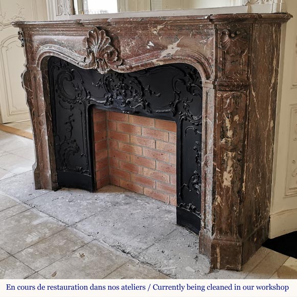 Important Louis XV style fireplace with three shells in Rouge du Nord marble-6