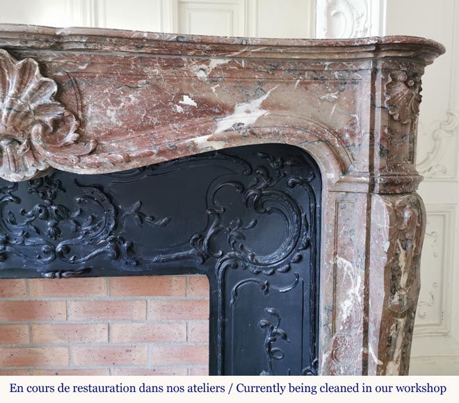 Important Louis XV style fireplace with three shells in Rouge du Nord marble-7