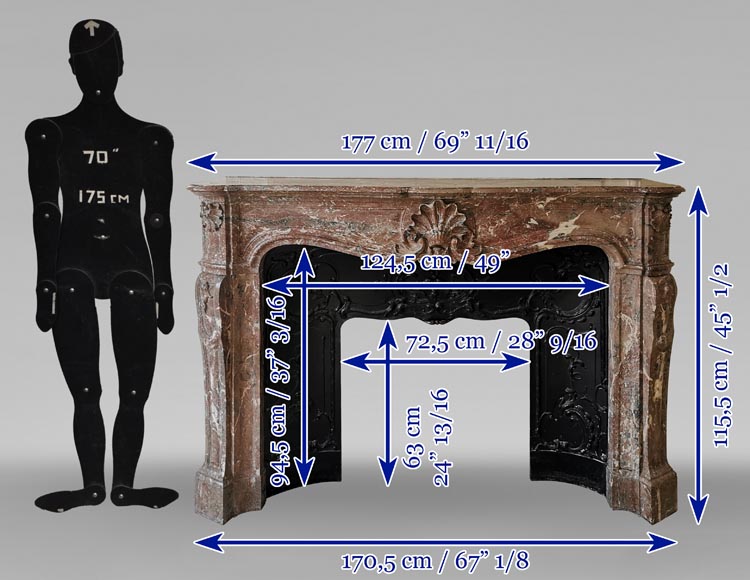 Important Louis XV style fireplace with three shells in Rouge du Nord marble-11