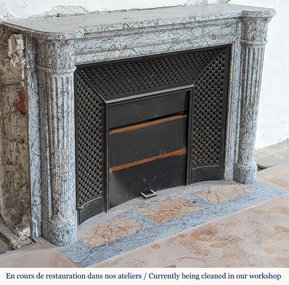 Beautiful Louis XVI style mantel with half columns in Bleu Fleuri marble-2