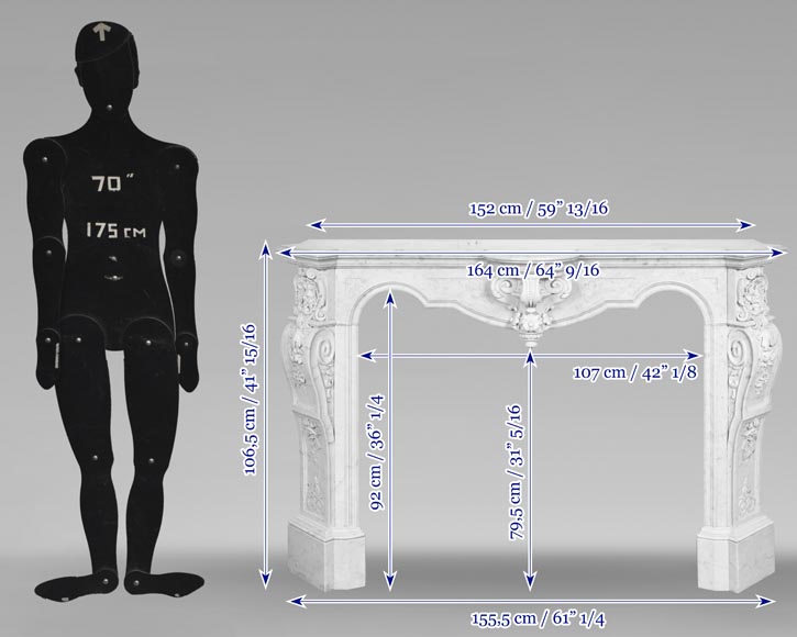 A richly sculpted Carrara marble fireplace in the Napoleon III style, decorated with a lion's head.-14