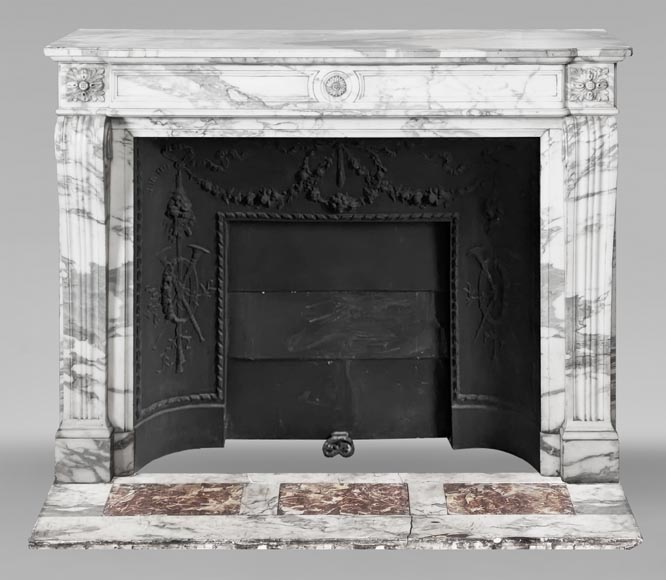 Louis XVI style fireplace decorated with a sunflower, in Arabescato marble-0