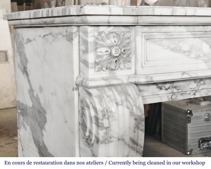 Louis XVI style fireplace decorated with a sunflower, in Arabescato marble-3