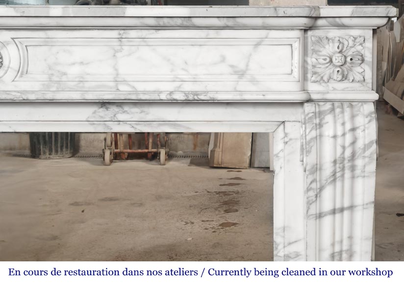 Louis XVI style fireplace decorated with a sunflower, in Arabescato marble-6